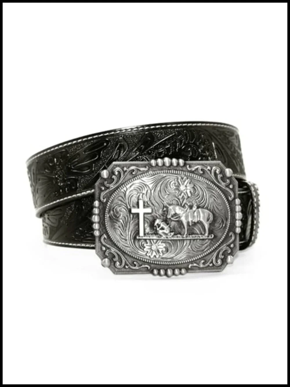 Men's Western Leather Belt with Cross Kneeling Prayer Buckle
